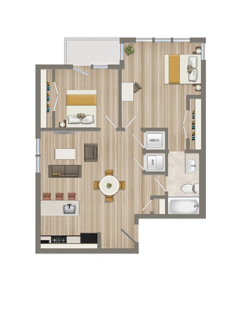 Floor plan for 2 beds, 1 bath, 776 sqft